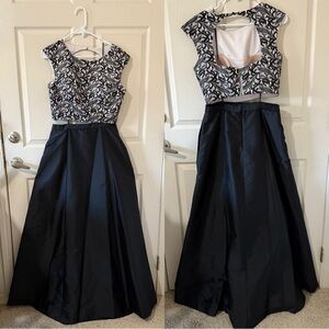 Two-piece formal black and white evening gown by Aidan Mattox, size US 10